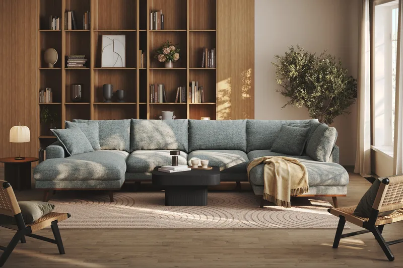 Copenhagen Premium 5-seters Høyrevendt U-formet Dyp Sofa med Divan og Sjeselong i Chenille - Grå/blå - Møbler - Sofaer - U Sofa