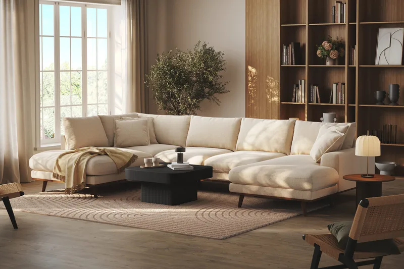 Copenhagen Premium 5-seters Venstrevendt U-formet Dyp Sofa med Divan og Sjeselong i Chenille - Lys beige - Møbler - Sofaer - U Sofa