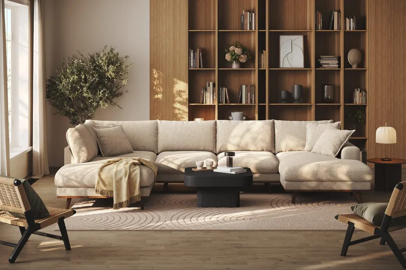 Copenhagen Premium 5-seters Venstrevendt U-formet Dyp Sofa med Divan og Sjeselong i Chenille - Beige - Møbler - Sofaer - U Sofa
