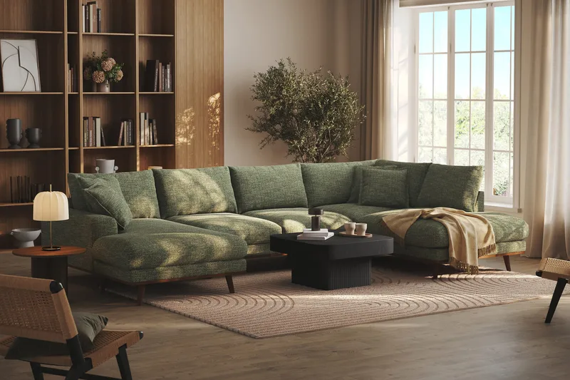 Copenhagen Premium 5-seters Høyrevendt U-formet Dyp Sofa med Divan og Sjeselong i Chenille - Grønn - Møbler - Sofaer - U Sofa