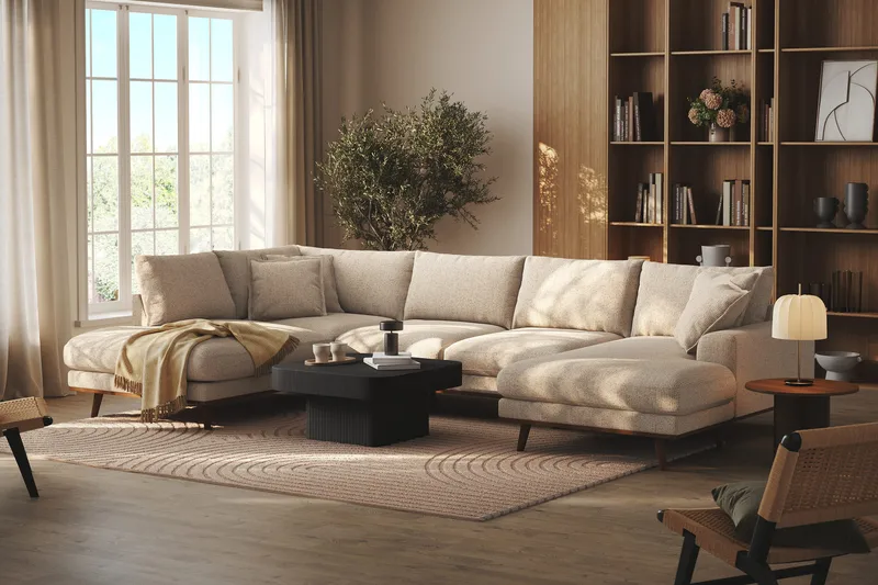 Copenhagen Premium 5-seters Venstrevendt U-formet Dyp Sofa med Divan og Sjeselong i Chenille - Beige - Møbler - Sofaer - U Sofa