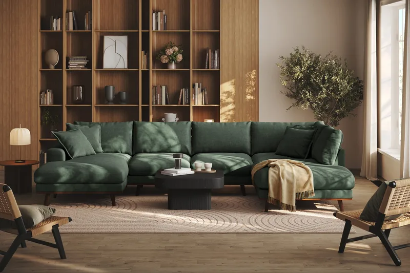 Copenhagen Premium 5-seters Høyrevendt U-formet Dyp Sofa med Divan og Sjeselong i Stof - Grøn - Møbler - Sofaer - U Sofa