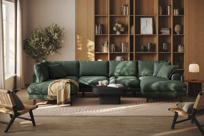 Copenhagen Premium 5-seters Venstrevendt U-formet Dyp Sofa med Divan og Sjeselong i Stof - Grøn - Møbler - Sofaer - U Sofa