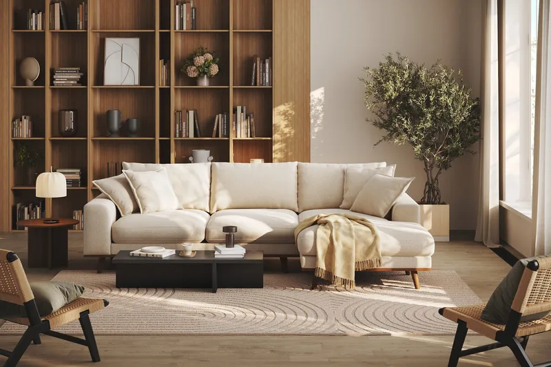 Copenhagen Premium 4-seters Høyrevendt L-formet Dyp Divansofa i Chenille - Lys beige - Møbler - Sofaer - Sofa med chaiselong