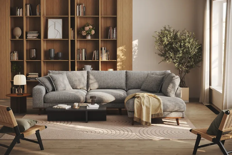 Copenhagen Premium 4-seters Høyrevendt L-formet Dyp Sjeselongsofa i Chenille - Grå - Møbler - Sofaer - Sofa med chaiselong