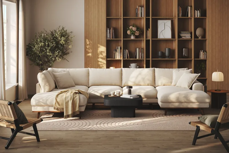 Copenhagen Premium 5-seters Venstrevendt U-formet Dyp Sofa med Divan og Sjeselong i Chenille - Lys beige - Møbler - Sofaer - U Sofa