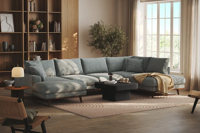 Copenhagen Premium 5-seters Høyrevendt U-formet Dyp Sofa med Divan og Sjeselong i Chenille - Grå/blå - Møbler - Sofaer - U Sofa
