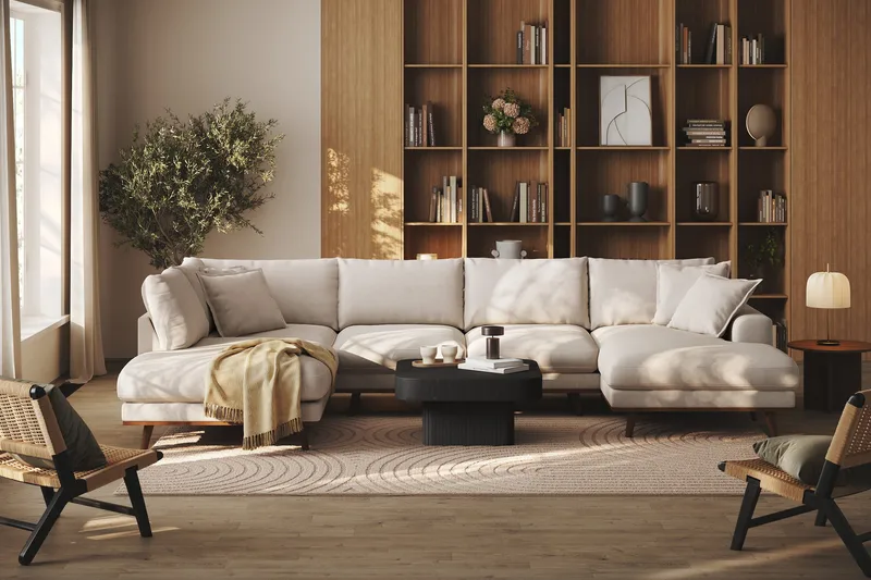 Copenhagen Premium 5-seters Venstrevendt U-formet Dyp Sofa med Divan og Sjeselong i Stof - Beige - Møbler - Sofaer - U Sofa