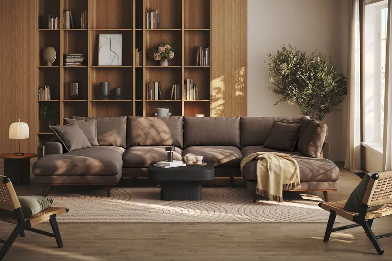 Copenhagen Premium 5-seters Høyrevendt U-formet Dyp Sofa med Divan og Sjeselong i Stof - Mørkebrun - Møbler - Sofaer - U Sofa