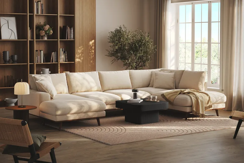 Copenhagen Premium 5-seters Høyrevendt U-formet Dyp Sofa med Divan og Sjeselong i Chenille - Lys beige - Møbler - Sofaer - U Sofa