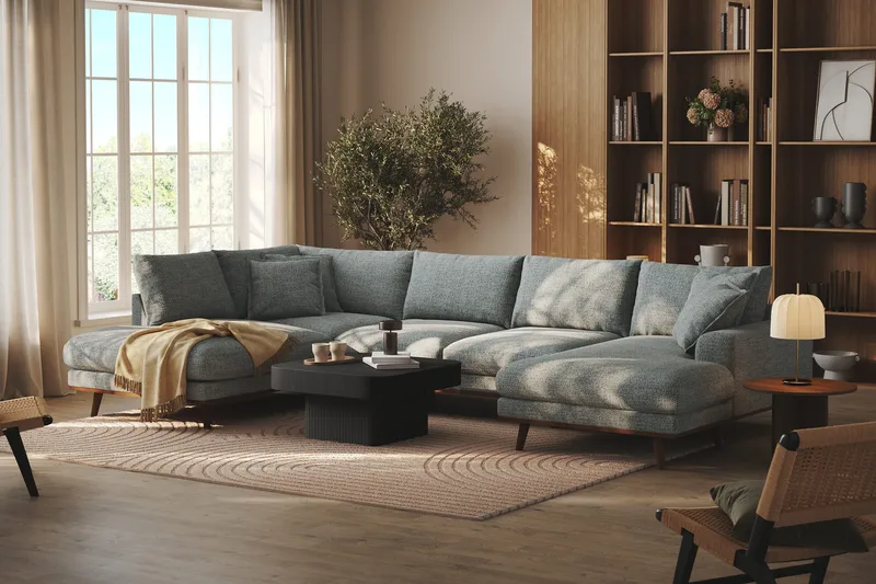 Copenhagen Premium 5-seters Venstrevendt U-formet Dyp Sofa med Divan og Sjeselong i Chenille - Grå/blå - Møbler - Sofaer - U Sofa