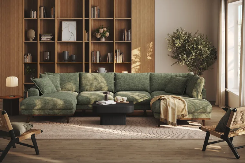 Copenhagen Premium 5-seters Høyrevendt U-formet Dyp Sofa med Divan og Sjeselong i Chenille - Grønn - Møbler - Sofaer - U Sofa