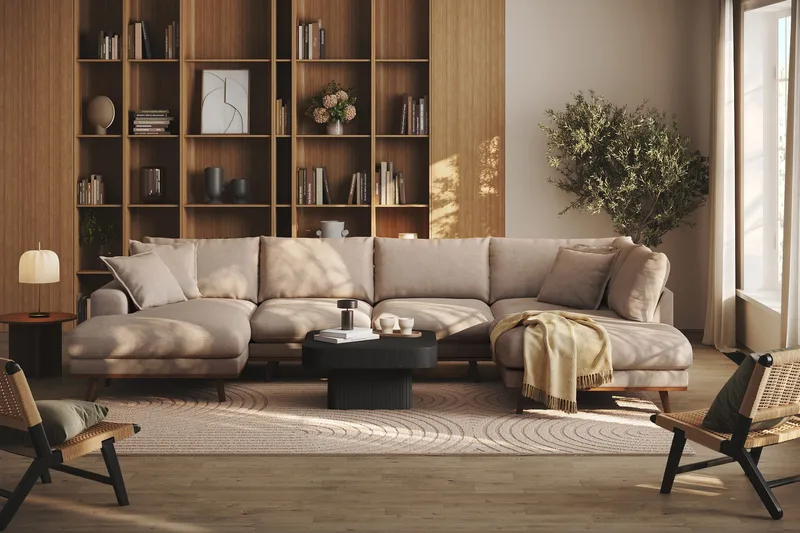 Copenhagen Premium 5-seters Høyrevendt U-formet Dyp Sofa med Divan og Sjeselong i Stof - Lysebrun - Møbler - Sofaer - U Sofa