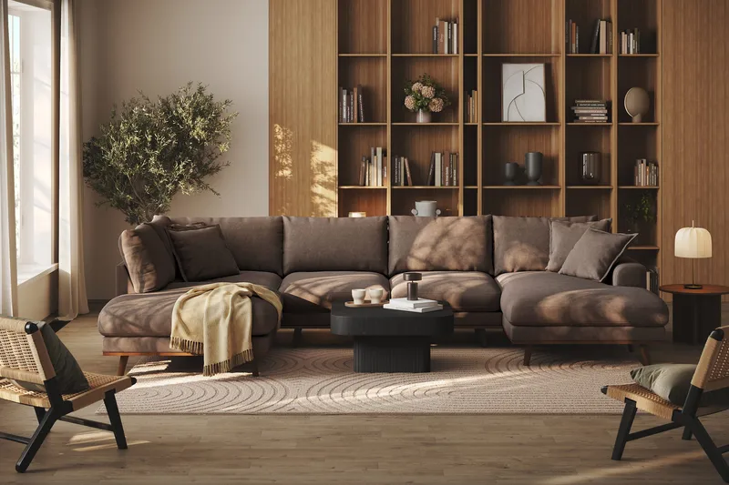 Copenhagen Premium 5-seters Venstrevendt U-formet Dyp Sofa med Divan og Sjeselong i Stof - Mørkebrun - Møbler - Sofaer - U Sofa