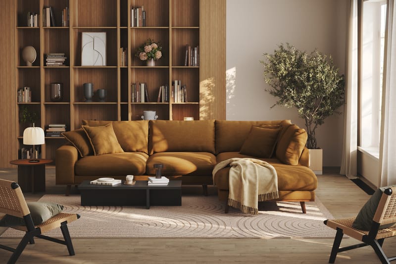 Copenhagen Premium 4-seters Høyrevendt L-formet Dyp Sjeselongsofa i Stoff - Sennepsgul - Møbler - Sofaer - Sofa med chaiselong