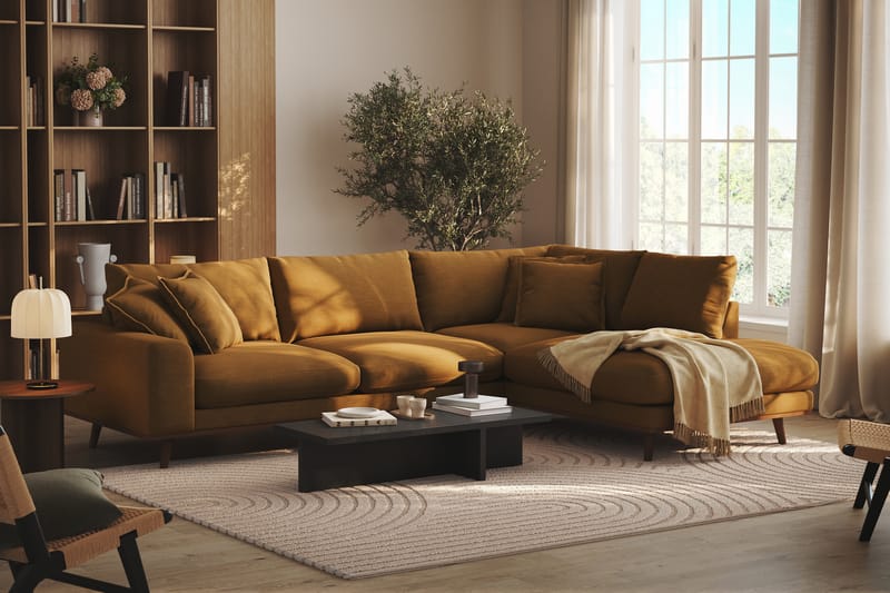 Copenhagen Premium 4-seters Høyrevendt L-formet Dyp Sjeselongsofa i Stoff - Sennepsgul - Møbler - Sofaer - Sofa med chaiselong