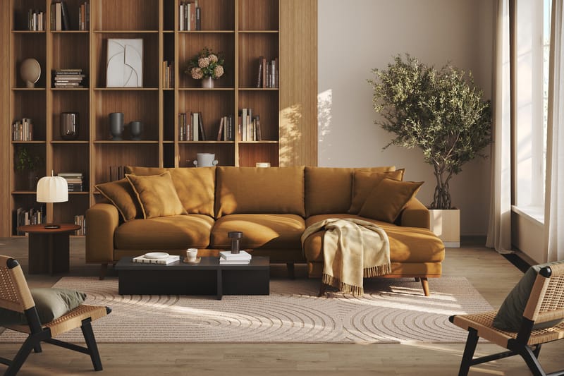 Copenhagen Premium 4-seters Høyrevendt L-formet Dyp Divansofa i Stoff - Sennepsgul - Møbler - Sofaer - Sofa med chaiselong
