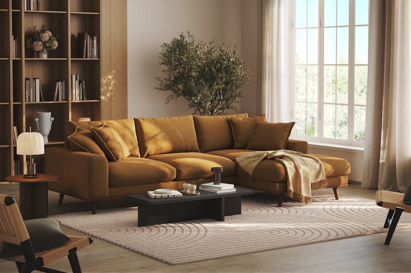 Copenhagen Premium 4-seters Høyrevendt L-formet Dyp Divansofa i Stoff - Sennepsgul - Møbler - Sofaer - Sofa med chaiselong