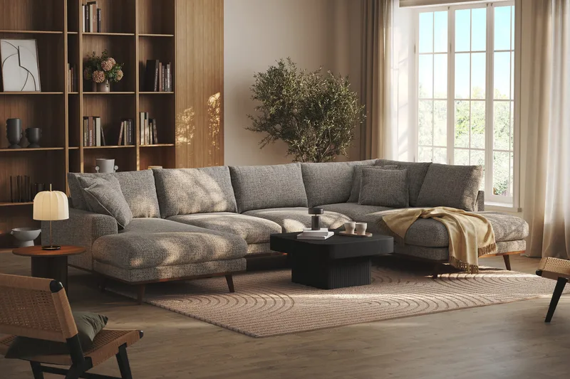 Copenhagen Premium 5-seters Høyrevendt U-formet Dyp Sofa med Divan og Sjeselong i Chenille - Grå - Møbler - Sofaer - U Sofa