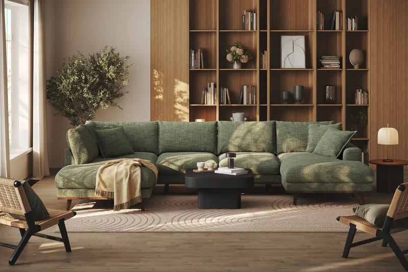 Copenhagen Premium 5-seters Venstrevendt U-formet Dyp Sofa med Divan og Sjeselong i Chenille - Grønn - Møbler - Sofaer - U Sofa