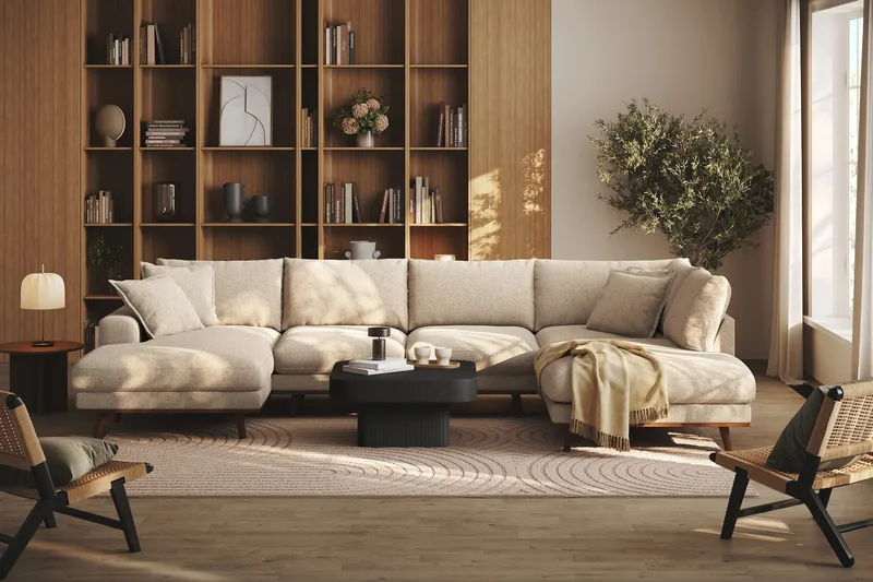 Copenhagen Premium 5-seters Høyrevendt U-formet Dyp Sofa med Divan og Sjeselong i Chenille - Beige - Møbler - Sofaer - U Sofa