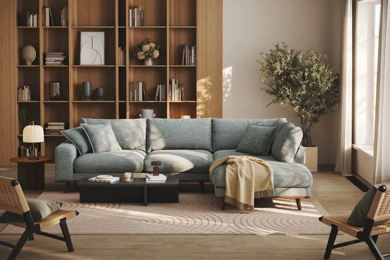Copenhagen Premium 4-seters Høyrevendt L-formet Dyp Sjeselongsofa i Chenille - Grå/blå - Møbler - Sofaer - Sofa med chaiselong