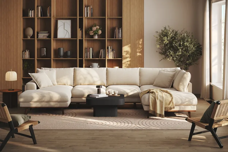 Copenhagen Premium 5-seters Høyrevendt U-formet Dyp Sofa med Divan og Sjeselong i Chenille - Lys beige - Møbler - Sofaer - U Sofa