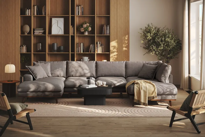 Copenhagen Premium 5-seters Høyrevendt U-formet Dyp Sofa med Divan og Sjeselong i Stof - Brun - Møbler - Sofaer - U Sofa