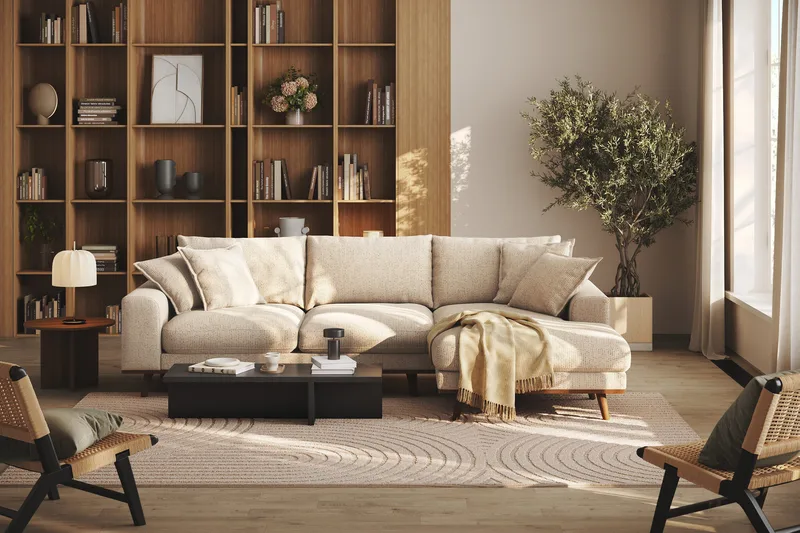 Copenhagen Premium 4-seters Høyrevendt L-formet Dyp Divansofa i Chenille - Beige - Møbler - Sofaer - Sofa med chaiselong