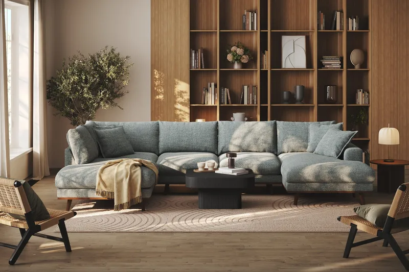 Copenhagen Premium 5-seters Venstrevendt U-formet Dyp Sofa med Divan og Sjeselong i Chenille - Grå/blå - Møbler - Sofaer - U Sofa