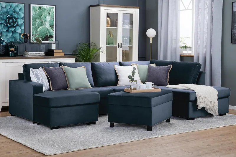 Crazy 4-personers Højrevendt U-formet Large Sofa med Chaiselong i Fløjl - Blå - Møbler - Sofaer - U Sofa