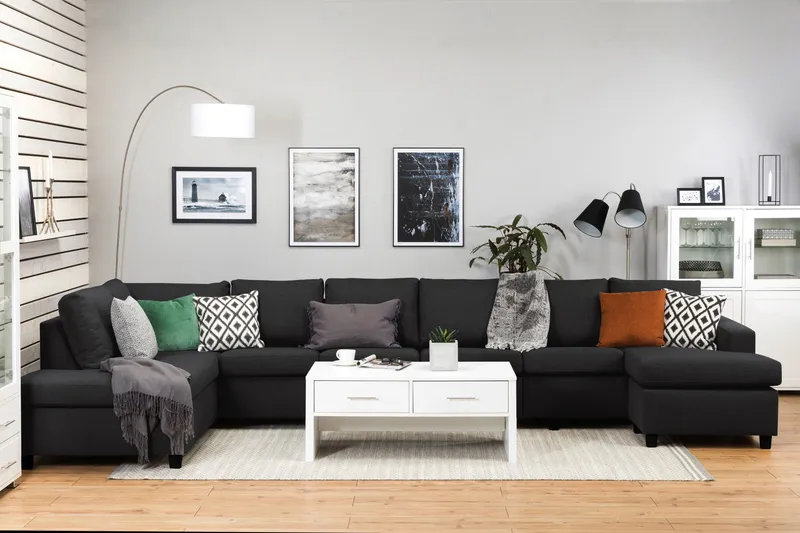 Crazy 6-personers Venstrevendt U-formet XX-Large Sofa med Divan og Chaiselong i Stof - Antracit - Møbler - Sofaer - U Sofa