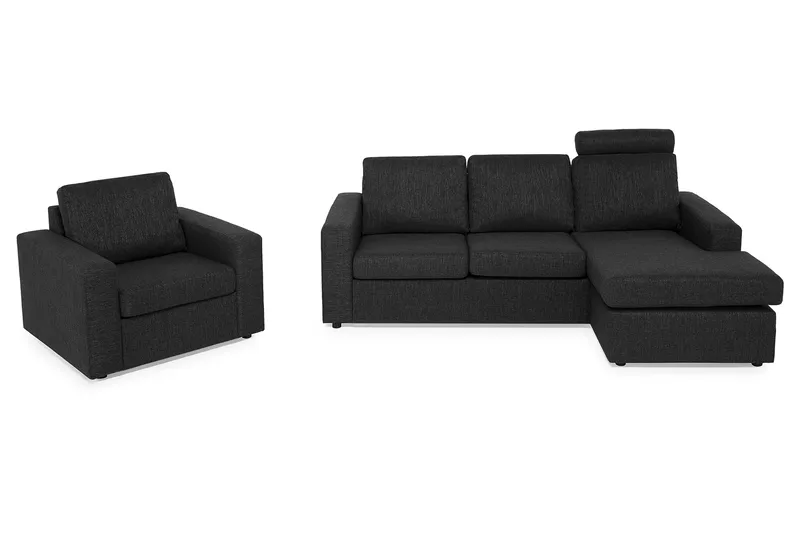 Crazy Sofagruppe 3-personers Vendbar L-formet Chaiselongsofa + Lænestol i Stof, Antracit