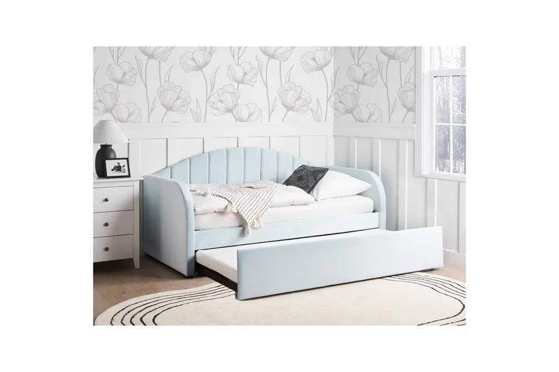 Dagbädd Beliani Eyburie med lamellram Beige, Bouclé blue - Møbler - Senge - Gæsteseng & ekstraseng - Udtrækkelig seng