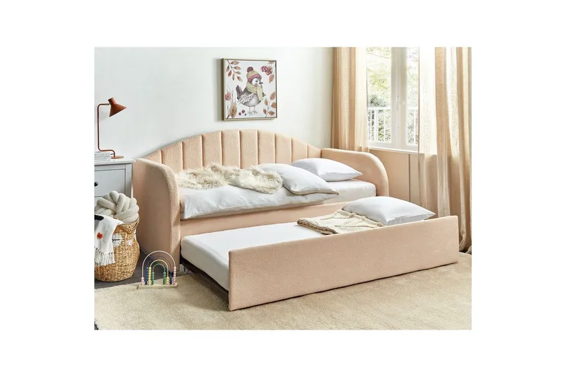 Dagbädd Beliani Eyburie med lamellram Beige, Bouclé Pink - Møbler - Senge - G æsteseng & ekstraseng - Udtrækkelig seng