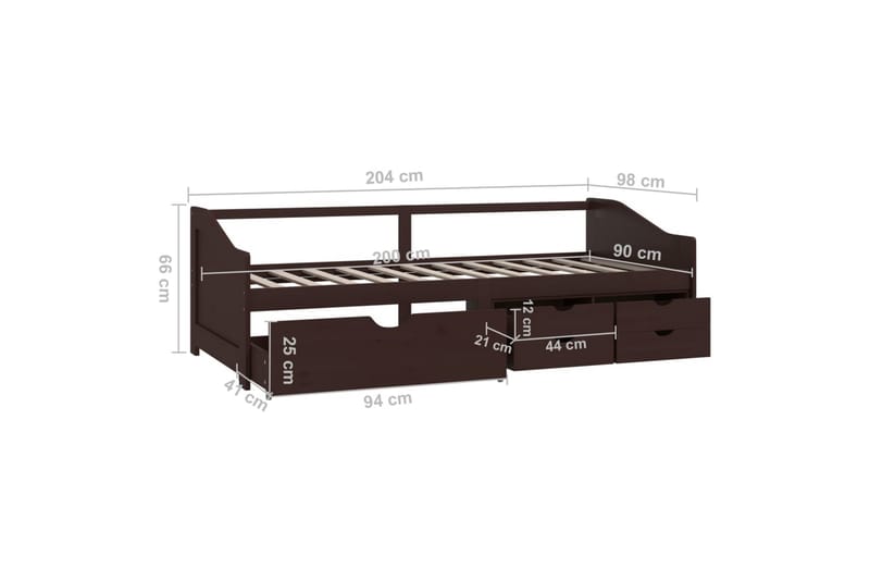 3-personers daybed skuffer 90x200 cm massivt fyrretræ mørkeb - Brun - Møbler - Sofaer - Daybed
