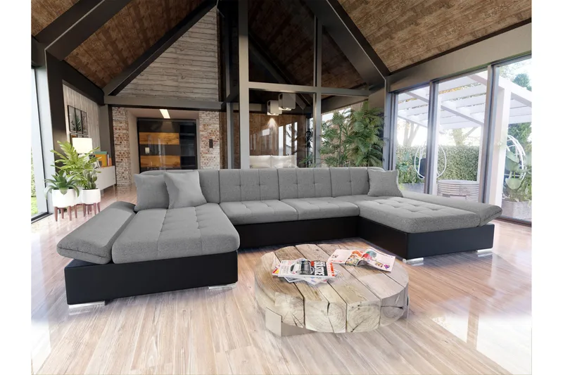 Dewitt Sovesofa med Dobbelt Chaiselong 4-personers i Kunstlæder - Sort / Grå - Møbler - Sofaer - Sovesofaer