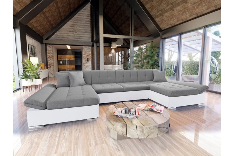 Dewitt Sovesofa med Dobbelt Chaiselong 4-personers i Kunstlæder - Hvid / Grå - Møbler - Sofaer - Sovesofaer