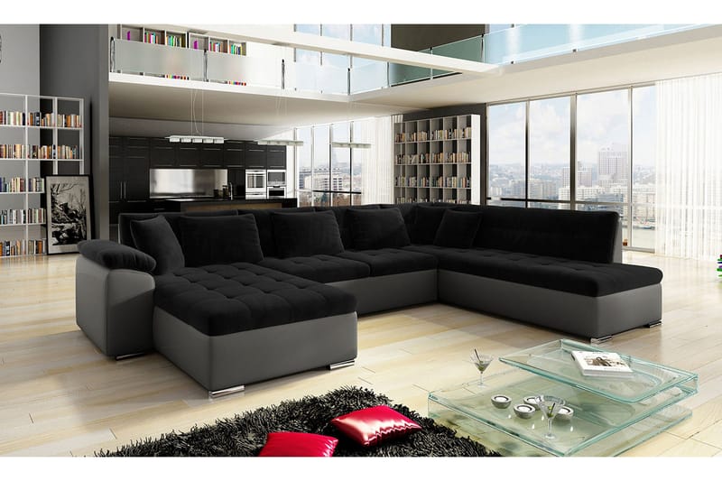 Dynir Sofa med Chaiselong og Divan 4-personers - Sort/Grå - Møbler - Sofaer - Lædersofaer