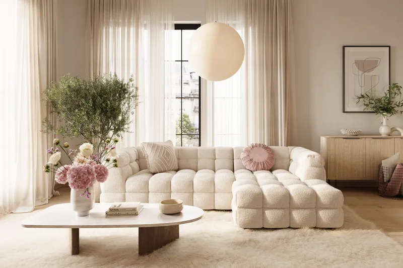 Elise boblet 4-personers sofa med højrevendt divan - Beige - Møbler - Sofaer - Sofa med chaiselong
