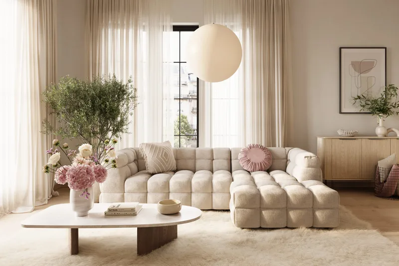 Elise Boblet Sofagruppe 4-personers Chaiselongsofa Højre + Lænestol - Beige - Møbler - Sofaer - Sofagrupper