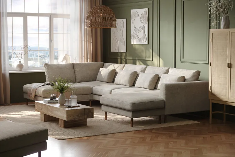 Florenz 4-personers Venstrevendt U-formet Sofa med Divan og Chaiselong i Chenille - Grå / Beige - Møbler - Sofaer - U Sofa