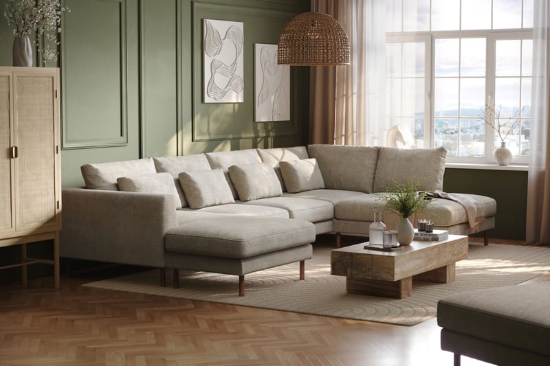 Florenz 4-personers Højrevendt U-formet Sofa med Divan og Chaiselong i Chenille - Grå / Beige - Møbler - Sofaer - U Sofa