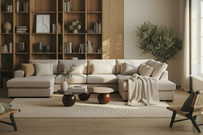 Grande 5-personers U-Sofa med Divan Venstre - Beige Fløjl - Møbler - Sofaer - U Sofa
