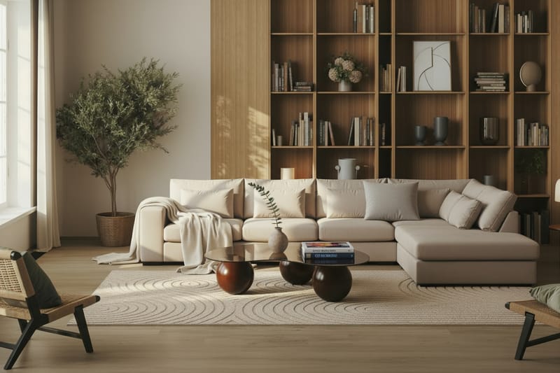 Grande 5-personers Sofa med Chaiselong Højre - Beige Fløjl - Møbler - Sofaer - Sofa med chaiselong