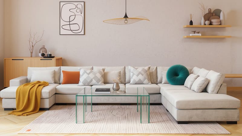 Grande Stor 7-personers U-Sofa med Divan Venstre - Beige Fløjl - Møbler - Sofaer - U Sofa