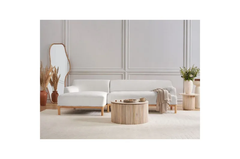 Hörnsoffa Beliani Sosjo Beige, ljust trä, Högervänd White||Light colored wood Left-faced - Møbler - Sofaer - Sofa med chaiselong