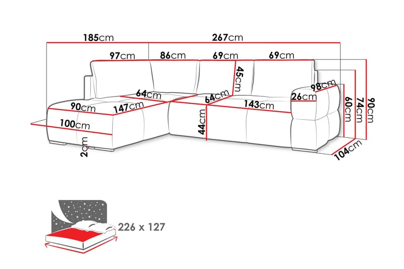 Hardam Sovesofa med Chaiselong 3-personers i Chenille - Grå - Møbler - Sofaer - Sovesofaer
