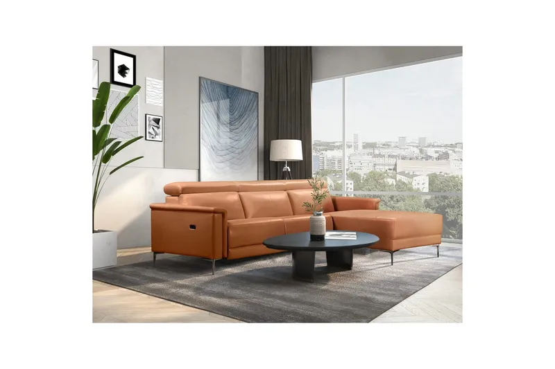Hjørnesofa 3-personers Lund Cognac, PU, Højre elektrisk liggestol - Cognac, PU, Højre elektrisk liggestol - Møbler - Sofaer - Lædersofaer