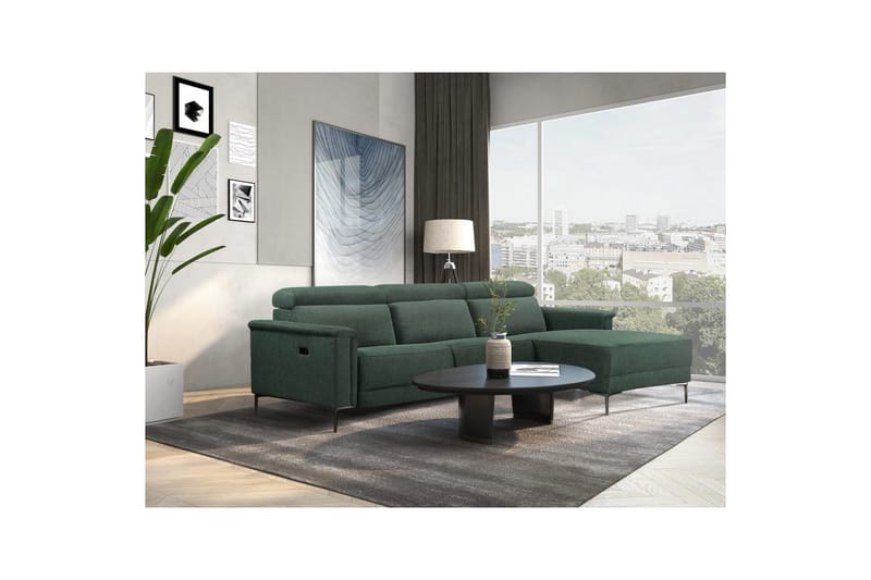 Hjørnesofa 3-personers Lund Mørkegrøn, Belfast stof, Højre elektrisk liggestol - Mørkegrøn, Belfast stof, Højre elektrisk liggestol - Møbler - Sofaer - Recliner sofaer